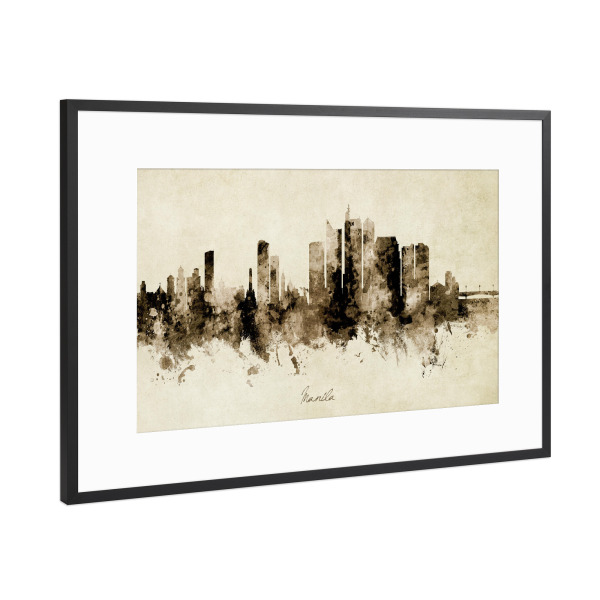 Poster mit Rahmen Schwarz (Metallic) "Manila Philippines Skyline Sepia" artboxONE - Städte