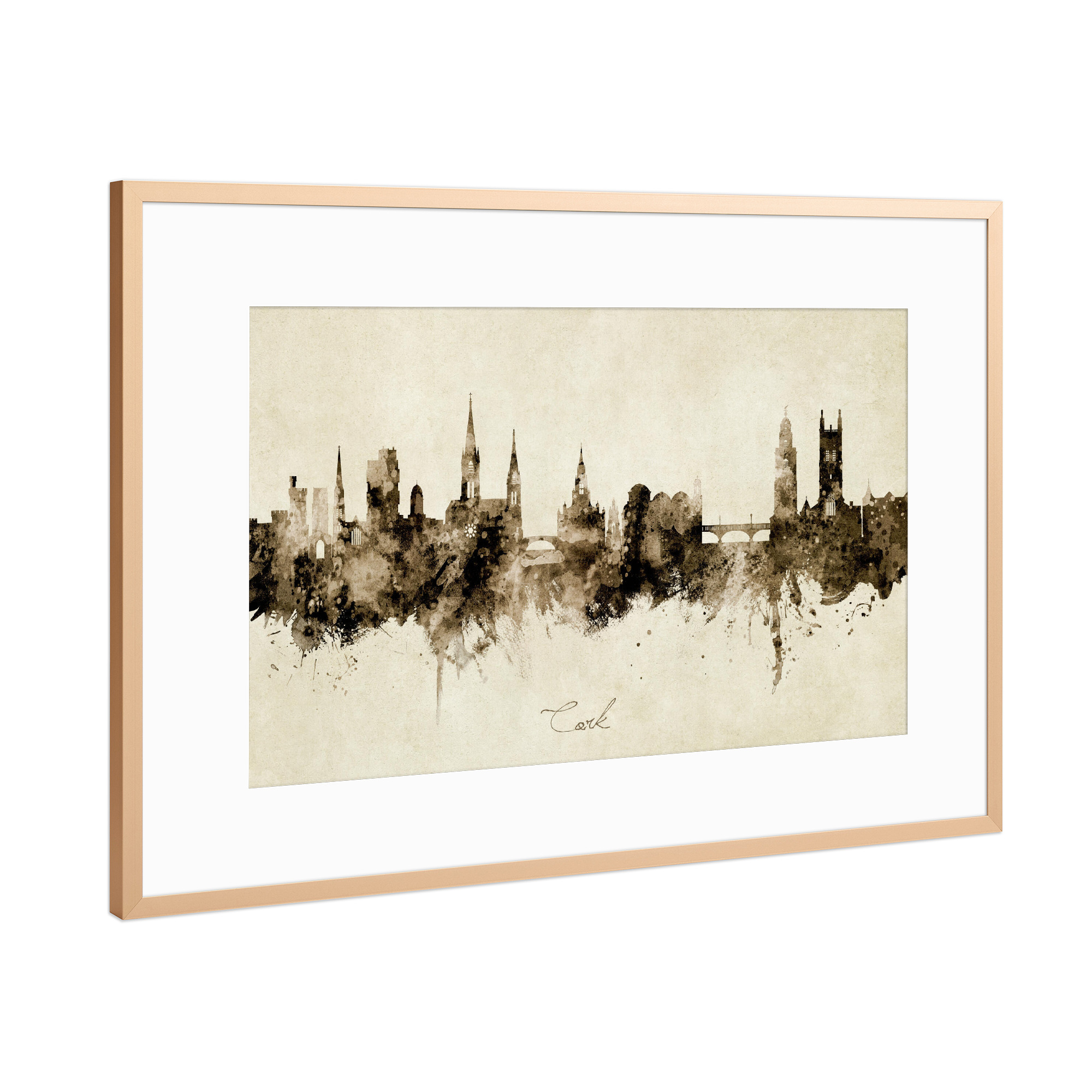 Poster mit Rahmen Kupfer "Cork Ireland Skyline Sepia" artboxONE - Städte - Cork,Ireland,Skyline,Cityscape,Stadtbild,Watercolor,Painting