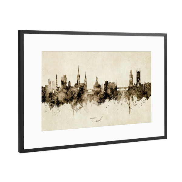 Poster mit Rahmen Schwarz (Metallic) "Cork Ireland Skyline Sepia" artboxONE - Städte - Cork,Ireland,Skyline,Cityscape,Stadtbild,Watercolor,Painting
