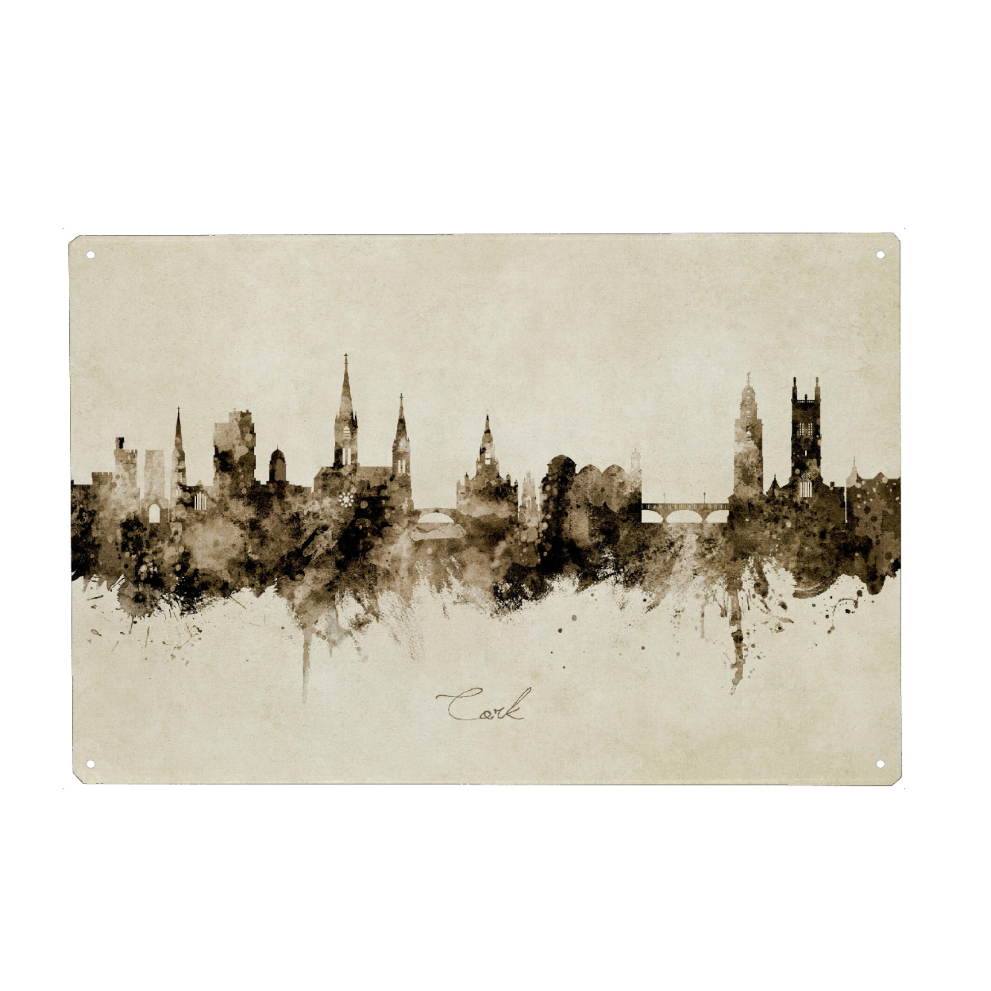 Metall Poster "Cork Ireland Skyline Sepia" artboxONE - Städte - Cork,Ireland,Skyline,Cityscape,Stadtbild,Watercolor,Painting - Blechschild