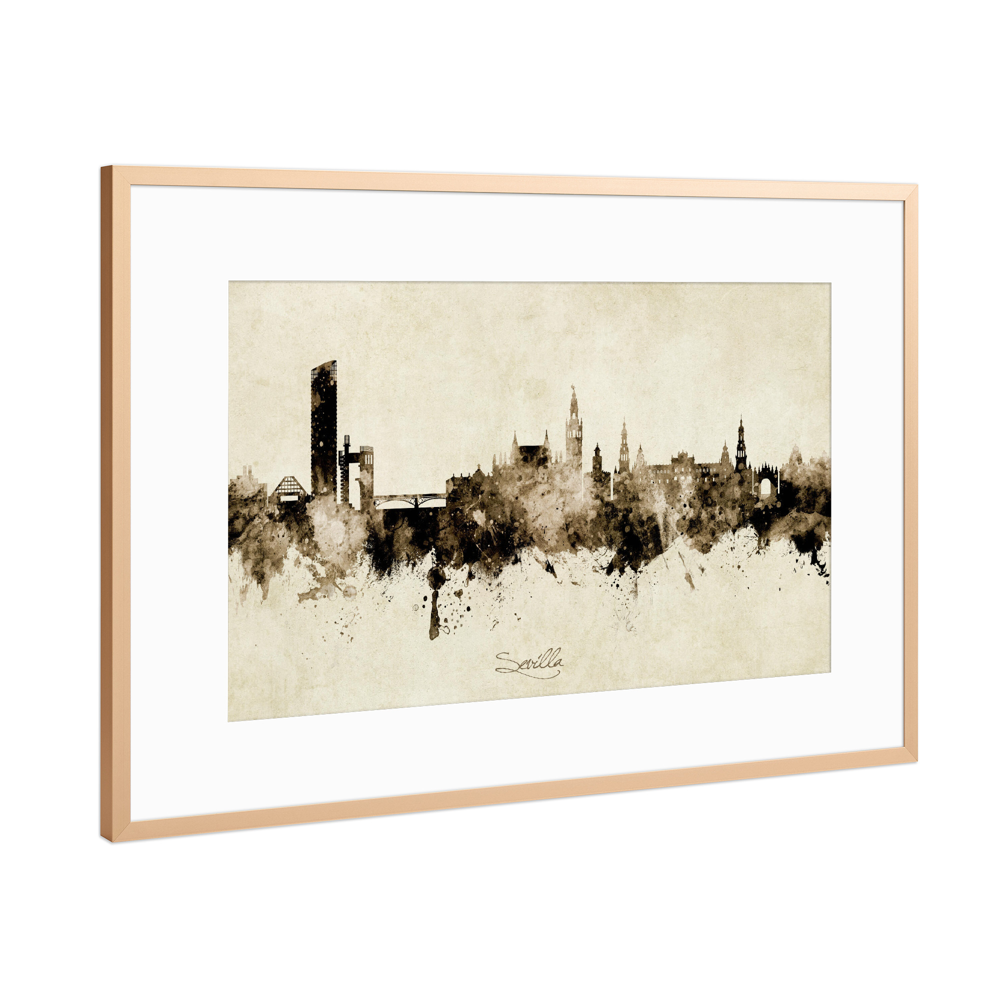 Poster mit Rahmen Kupfer "Sevilla Spain Skyline Sepia" artboxONE - Städte - Sevilla,Spain,Skyline,Cityscape,Stadtbild,Watercolor,Painting