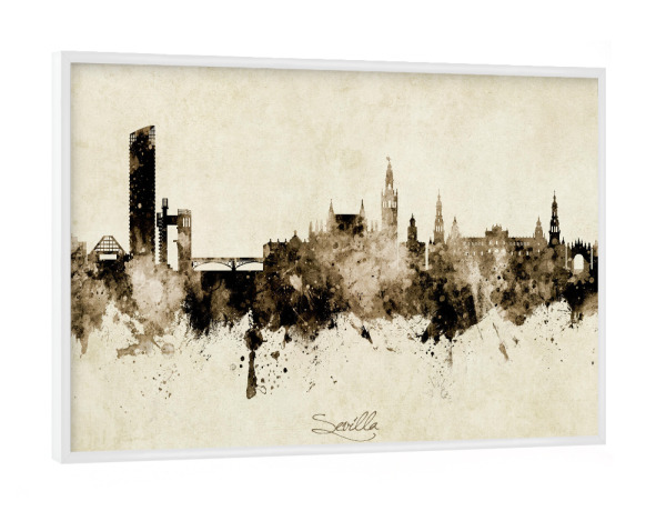 Poster mit weißem Rahmen "Sevilla Spain Skyline Sepia" artboxONE - Städte - Sevilla,Spain,Skyline,Cityscape,Stadtbild,Watercolor,Painting