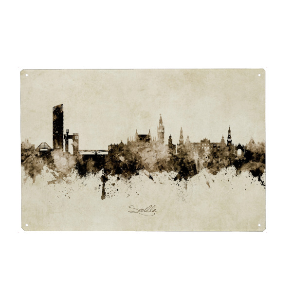 Metall Poster "Sevilla Spain Skyline Sepia" artboxONE - Städte - Sevilla,Spain,Skyline,Cityscape,Stadtbild,Watercolor,Painting - Blechschild