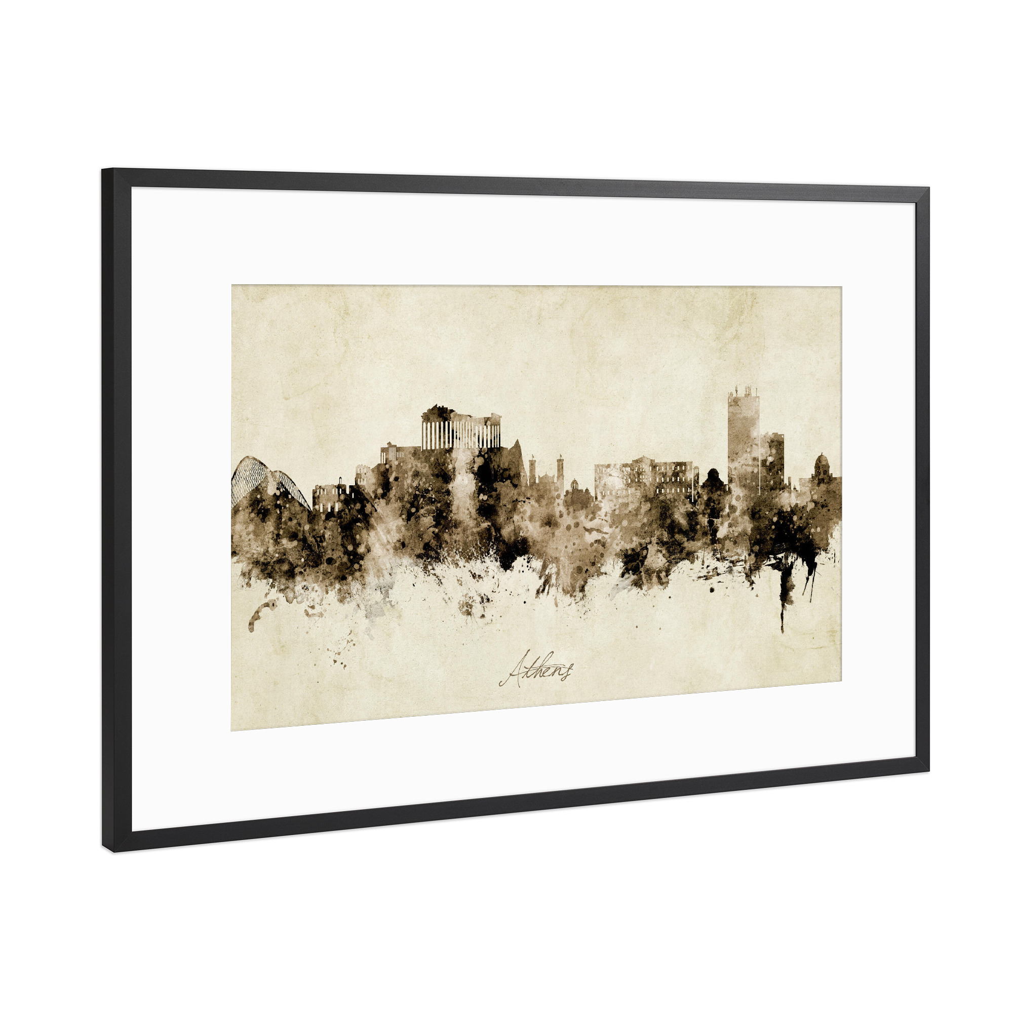 Poster mit Rahmen Schwarz (Metallic) "Athens Greece Skyline Sepia" artboxONE - Städte - Athens,Greece,Skyline,Cityscape,Stadtbild,Watercolor,Painting