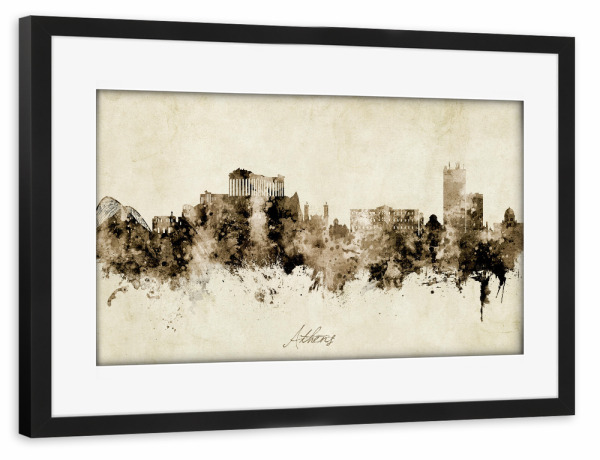 Poster mit Rahmen schwarz "Athens Greece Skyline Sepia" artboxONE - Städte - Athens,Greece,Skyline,Cityscape,Stadtbild,Watercolor,Painting