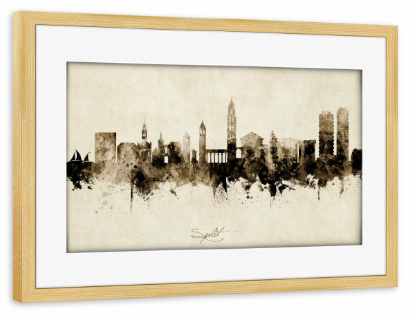 Poster mit Rahmen kiefer "Split Croatia Skyline Sepia" artboxONE - Städte - Split,Croatia,Skyline,Cityscape,Stadtbild,Watercolor,Painting
