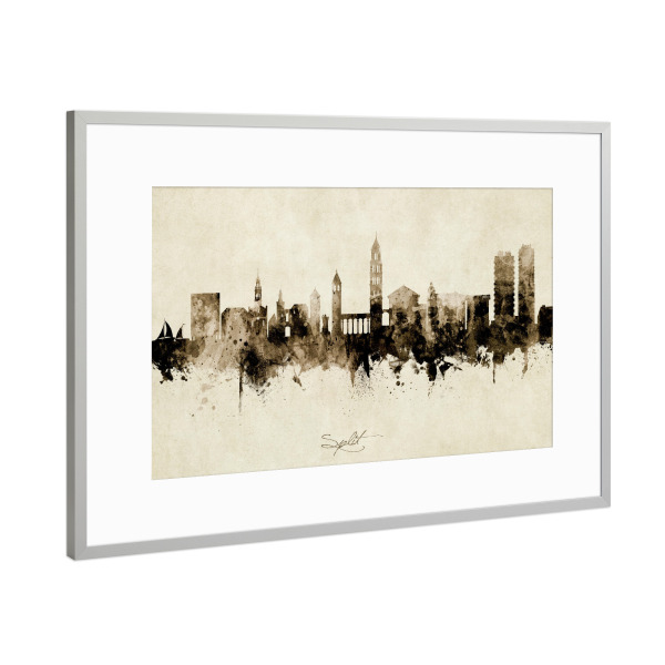 Poster mit Rahmen Silber "Split Croatia Skyline Sepia" artboxONE - Städte - Split,Croatia,Skyline,Cityscape,Stadtbild,Watercolor,Painting