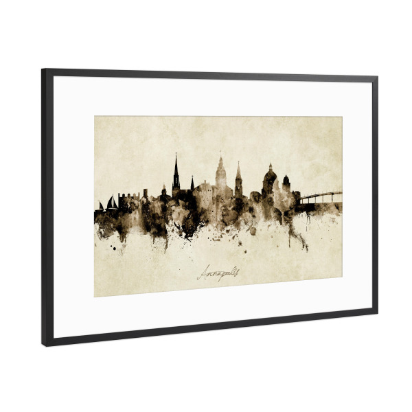 Poster mit Rahmen Schwarz (Metallic) "Annapolis Maryland Skyline Sepia" artboxONE - Städte