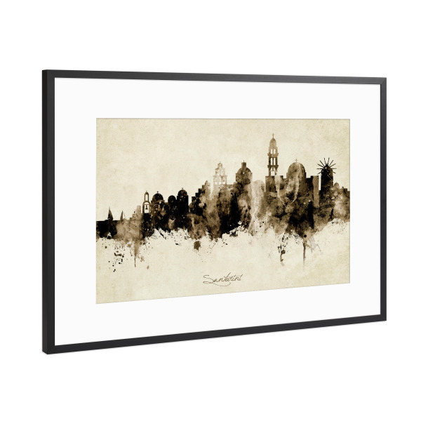 Poster mit Rahmen Schwarz (Metallic) "Santorini Skyline Sepia" artboxONE - Städte - Santorini,Greece,Skyline,Cityscape,Stadtbild,Watercolor,Painting