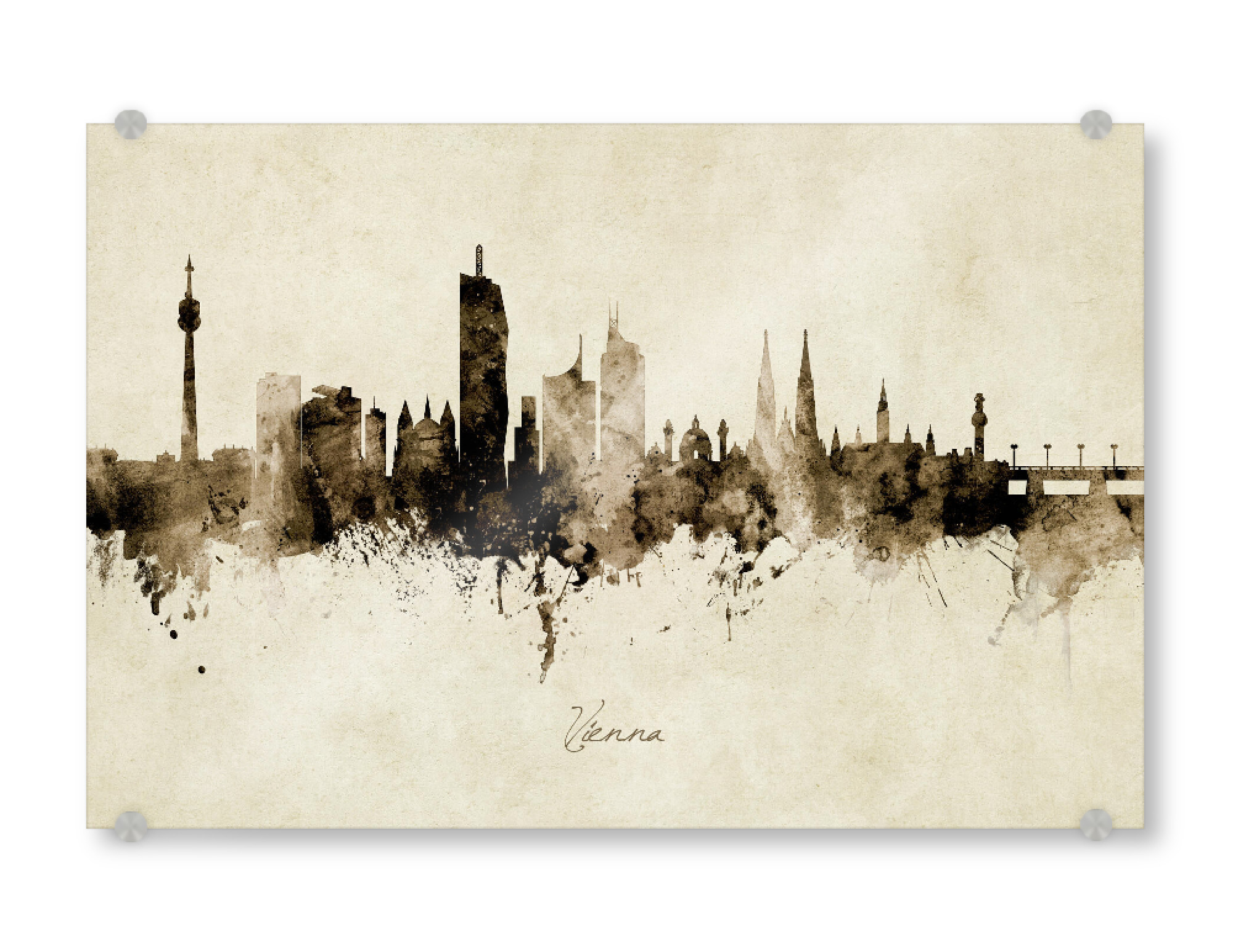 Acrylglasbild "Vienna Austria Skyline Sepia" artboxONE - Städte / Wien - Vienna,Austria,Skyline,Cityscape,Stadtbild,Watercolor,Painting