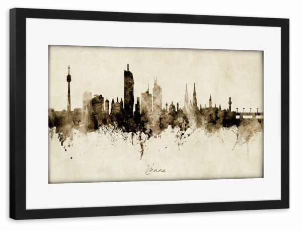 Poster mit Rahmen schwarz "Vienna Austria Skyline Sepia" artboxONE - Städte / Wien - Vienna,Austria,Skyline,Cityscape,Stadtbild,Watercolor,Painting