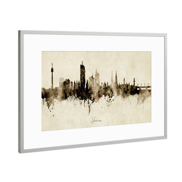Poster mit Rahmen Silber "Vienna Austria Skyline Sepia" artboxONE - Städte / Wien - Vienna,Austria,Skyline,Cityscape,Stadtbild,Watercolor,Painting