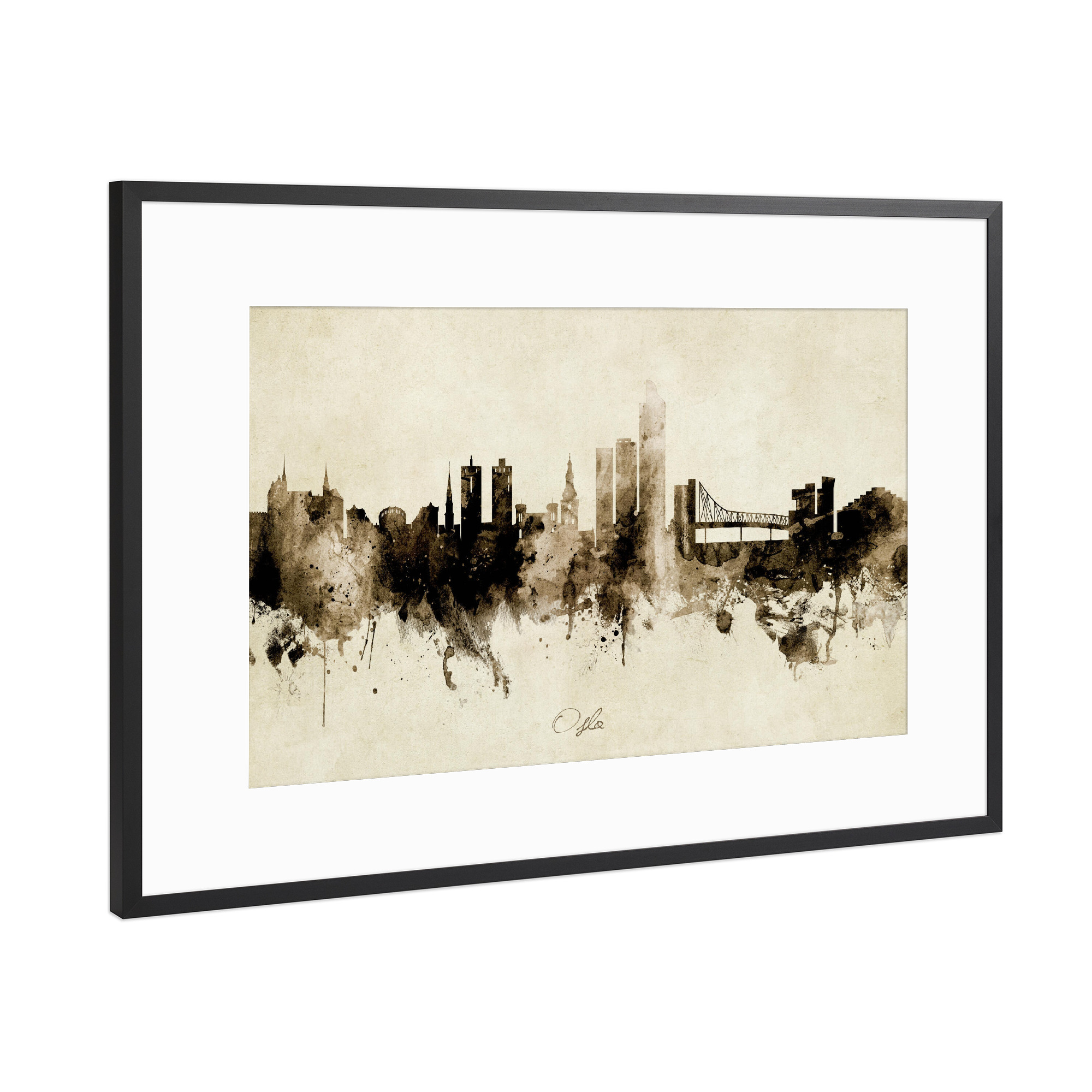 Poster mit Rahmen Schwarz (Metallic) "Oslo Norway Skyline Sepia" artboxONE - Städte - Oslo,Norway,Skyline,Cityscape,Stadtbild,Watercolor,Painting