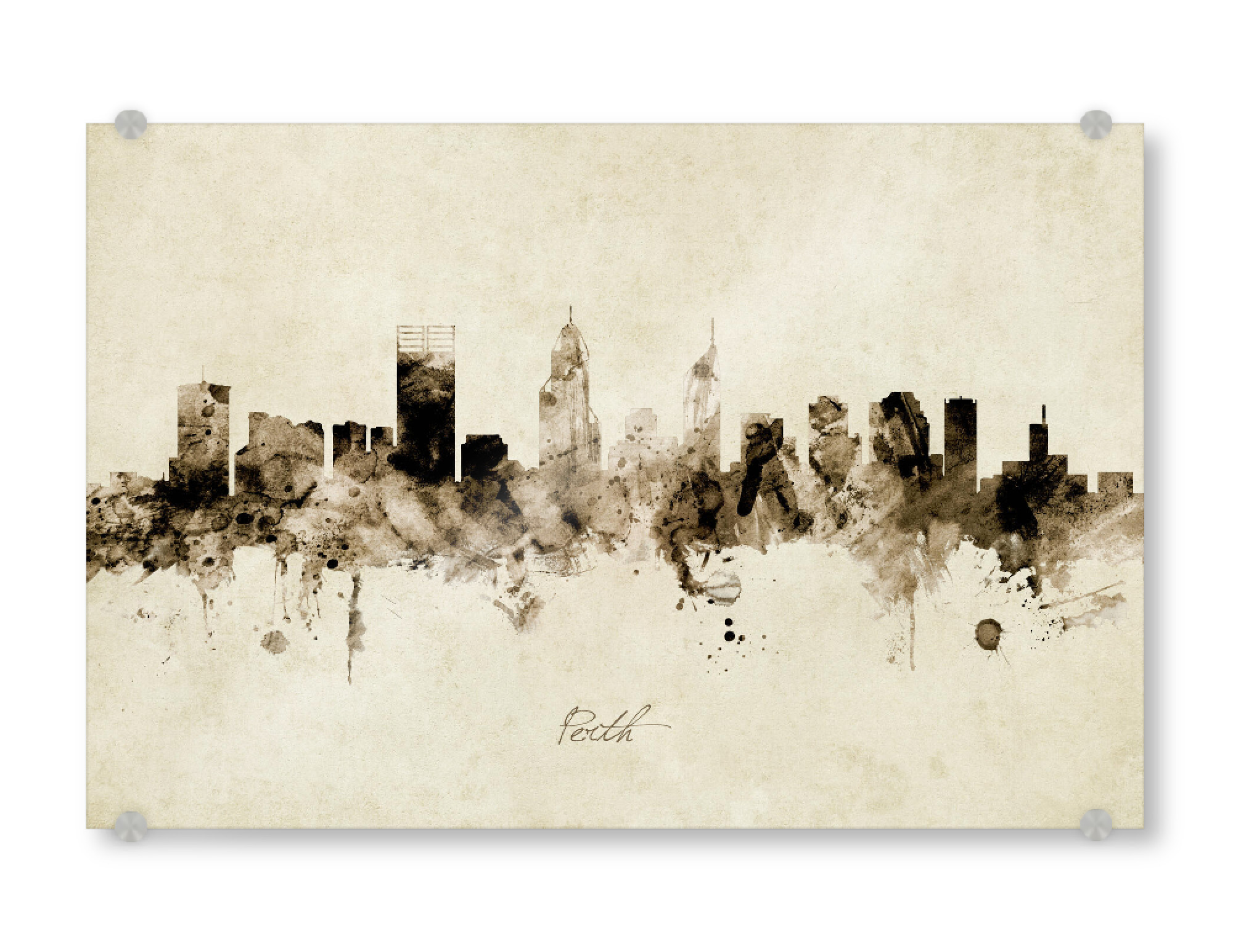 Acrylglasbild "Perth Australia Skyline Sepia" artboxONE - Städte - Perth,Australia,Skyline,Cityscape,Stadtbild,Watercolor,Painting