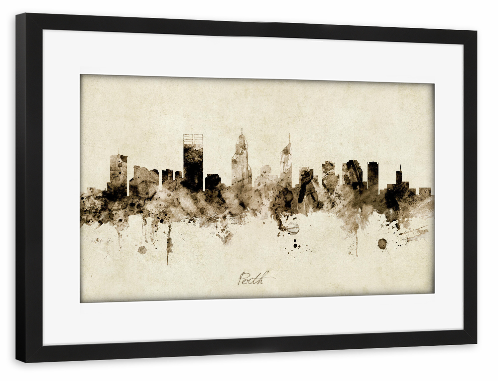 Poster mit Rahmen schwarz "Perth Australia Skyline Sepia" artboxONE - Städte - Perth,Australia,Skyline,Cityscape,Stadtbild,Watercolor,Painting