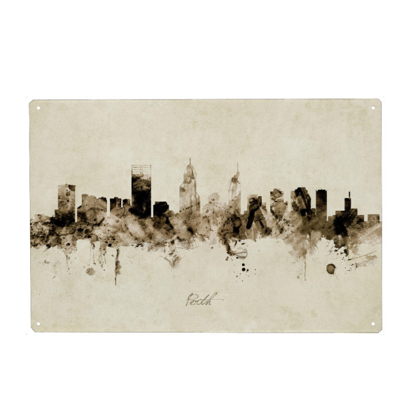 Holzbild "Perth Australia Skyline Sepia" artboxONE - Städte - Perth,Australia,Skyline,Cityscape,Stadtbild,Watercolor,Painting
