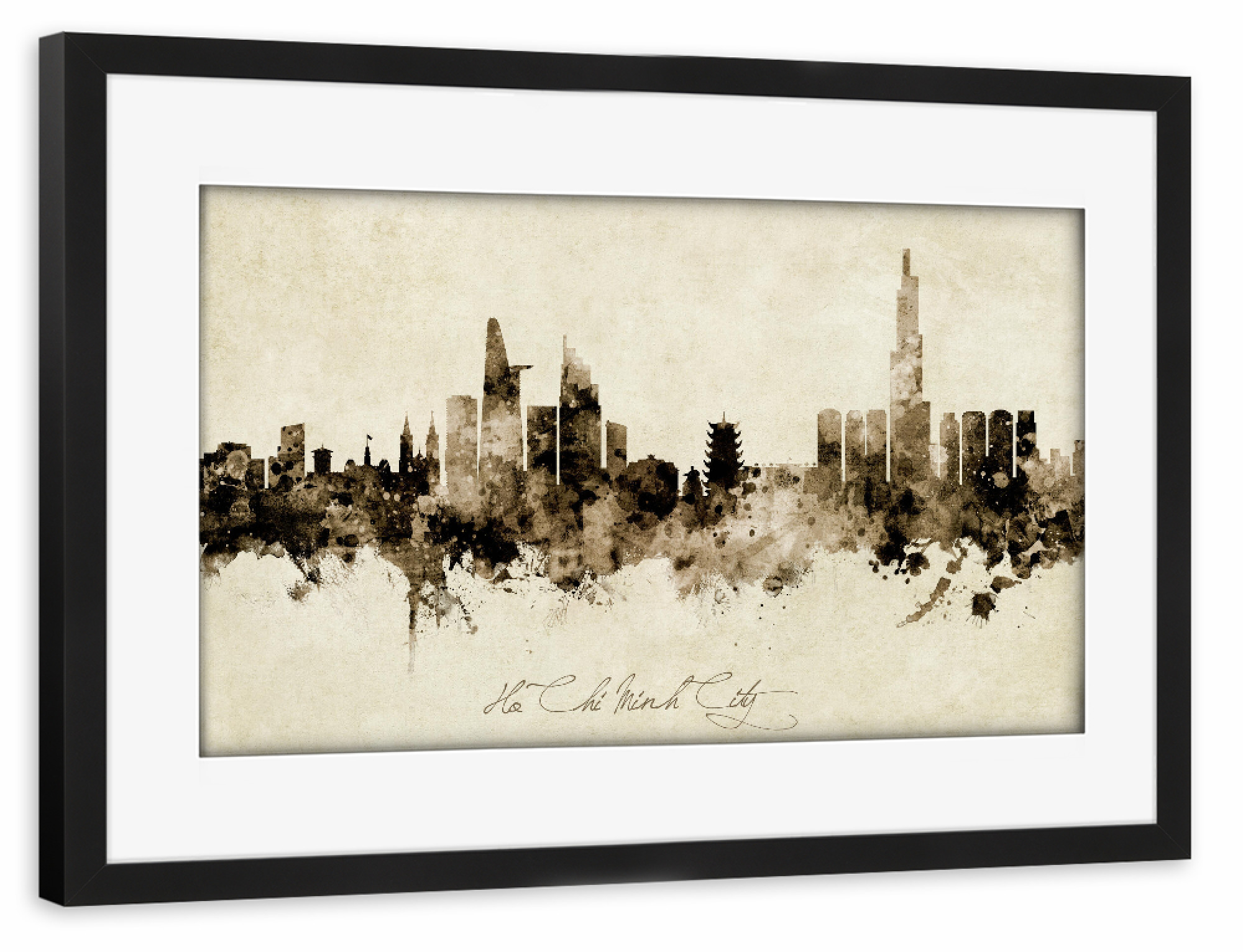 Poster mit Rahmen schwarz "Ho Chi Minh City Skyline Sepia" artboxONE - Städte