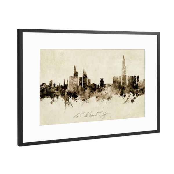 Poster mit Rahmen Schwarz (Metallic) "Ho Chi Minh City Skyline Sepia" artboxONE - Städte