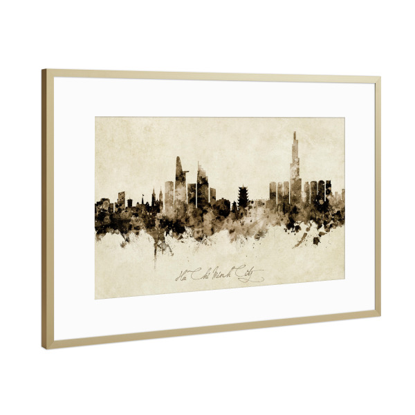 Poster mit Rahmen Gold "Ho Chi Minh City Skyline Sepia" artboxONE - Städte