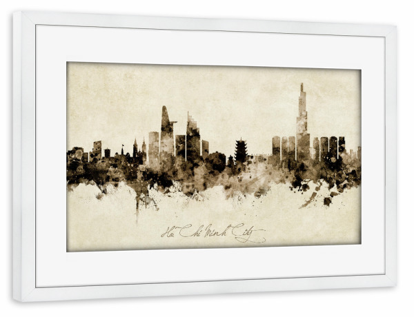 Poster mit Rahmen weiß "Ho Chi Minh City Skyline Sepia" artboxONE - Städte