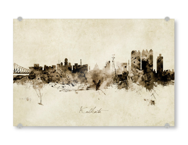 Acrylglasbild "Kolkata India Skyline Sepia" artboxONE - Städte - Kolkata,India,Skyline,Cityscape,Stadtbild,Watercolor,Painting