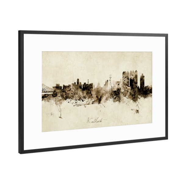 Poster mit Rahmen Schwarz (Metallic) "Kolkata India Skyline Sepia" artboxONE - Städte - Kolkata,India,Skyline,Cityscape,Stadtbild,Watercolor,Painting