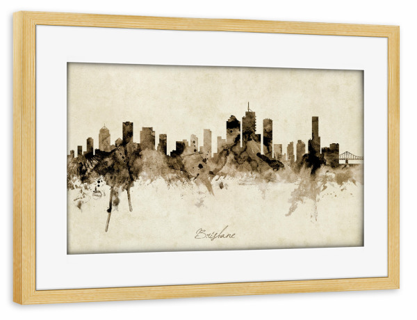 Poster mit Rahmen kiefer "Brisbane Australia Skyline Sepia" artboxONE - Städte - Brisbane,Australia,Skyline,Cityscape,Stadtbild,Watercolor,Painting