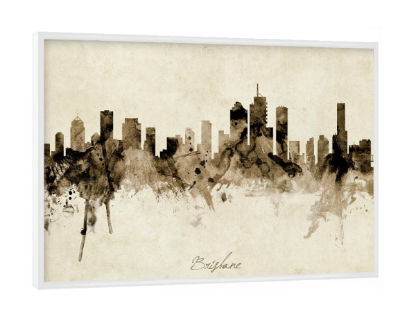 Poster mit weißem Rahmen "Brisbane Australia Skyline Sepia" artboxONE - Städte - Brisbane,Australia,Skyline,Cityscape,Stadtbild,Watercolor,Painting