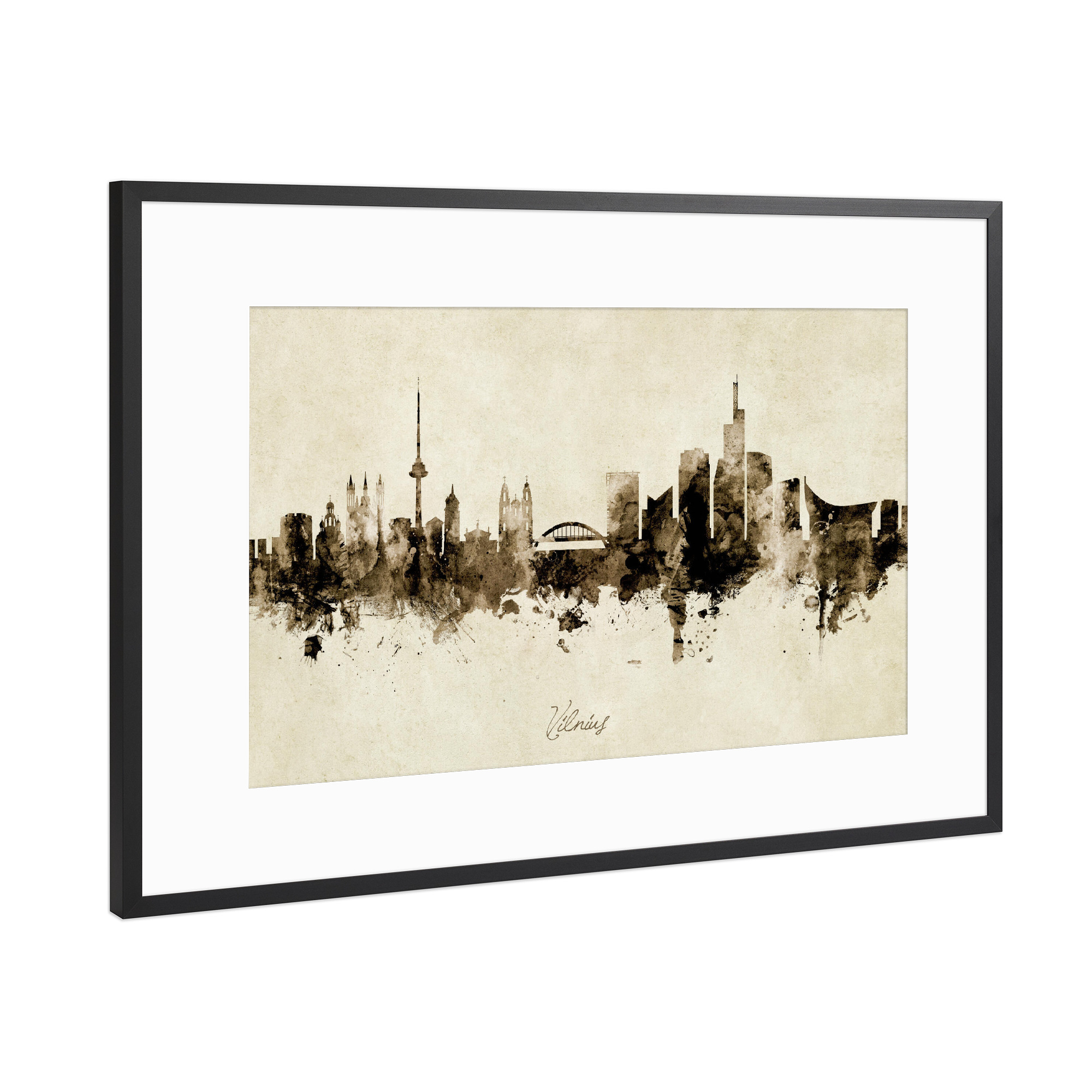 Poster mit Rahmen Schwarz (Metallic) "Vilnius Lithuania Skyline Sepia" artboxONE - Städte
