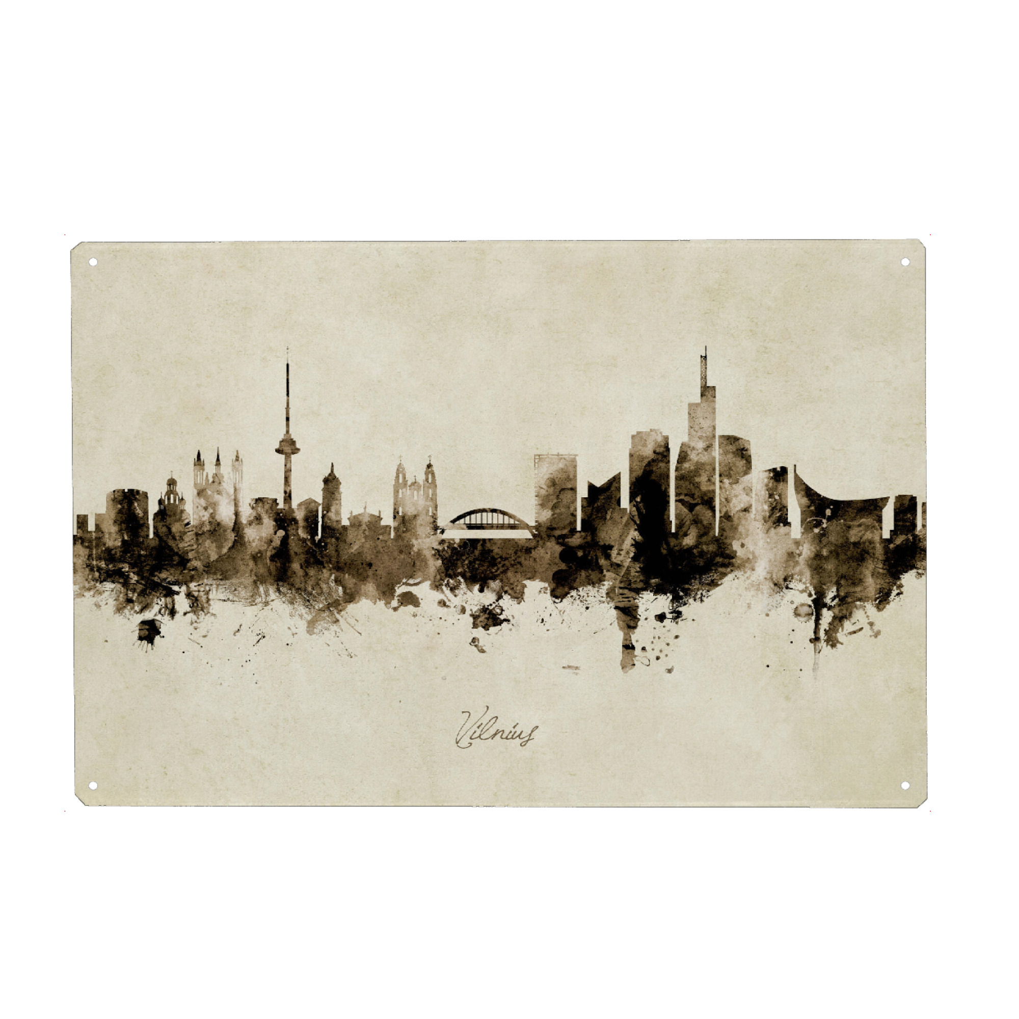 Metall Poster "Vilnius Lithuania Skyline Sepia" artboxONE - Städte - Vilnius,Lithuania,Skyline,Cityscape,Stadtbild,Watercolor,Painting - Blechschild