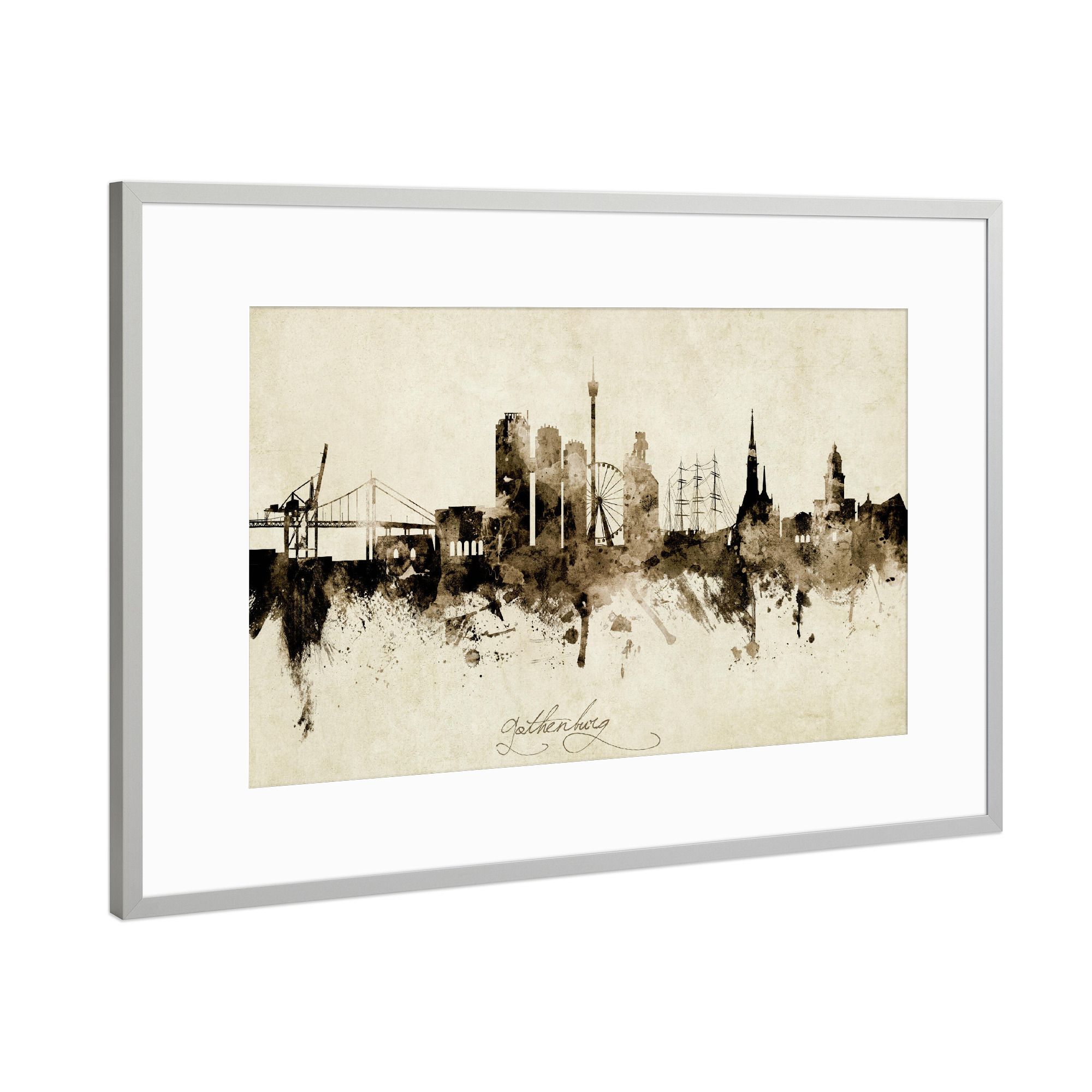 Poster mit Rahmen Silber "Gothenburg Sweden Skyline Sepia" artboxONE - Städte - Gothenburg,Sweden,Skyline,Cityscape,Stadtbild,Watercolor,Painting