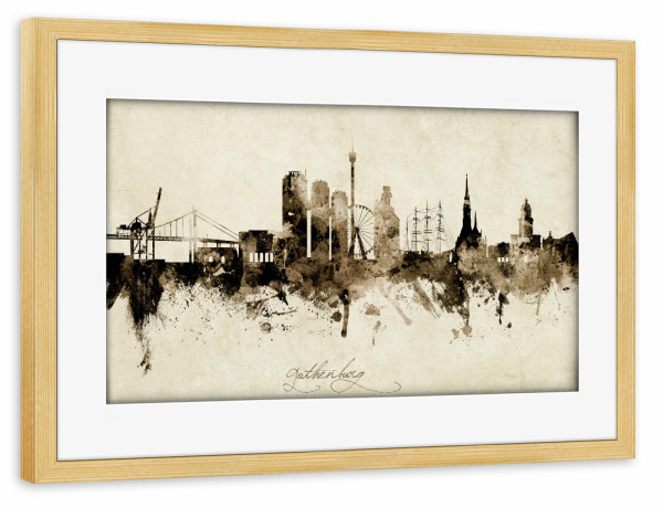 Poster mit Rahmen kiefer "Gothenburg Sweden Skyline Sepia" artboxONE - Städte - Gothenburg,Sweden,Skyline,Cityscape,Stadtbild,Watercolor,Painting
