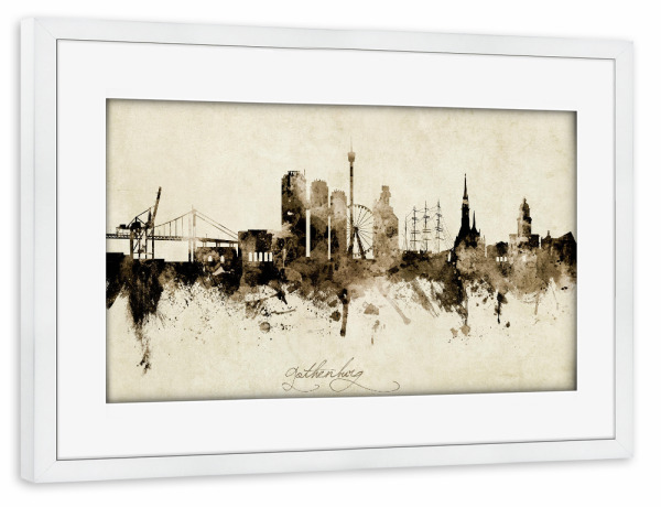 Poster mit Rahmen weiß "Gothenburg Sweden Skyline Sepia" artboxONE - Städte - Gothenburg,Sweden,Skyline,Cityscape,Stadtbild,Watercolor,Painting