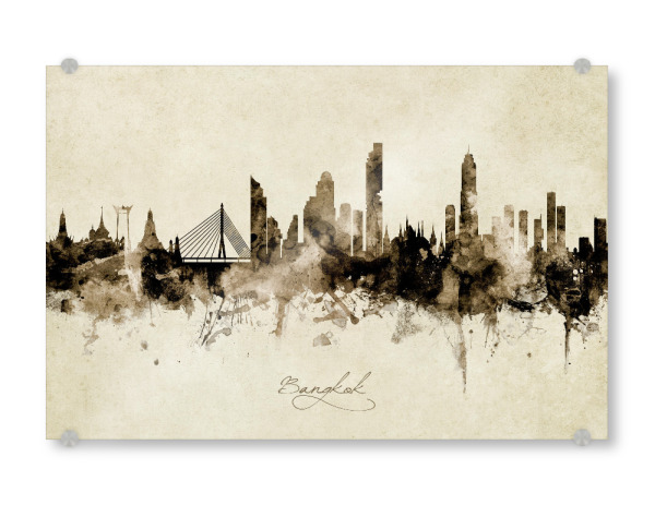 Acrylglasbild "Bangkok Thailand Skyline Sepia" artboxONE - Städte - Bangkok,Thailand,Skyline,Cityscape,Stadtbild,Watercolor,Painting