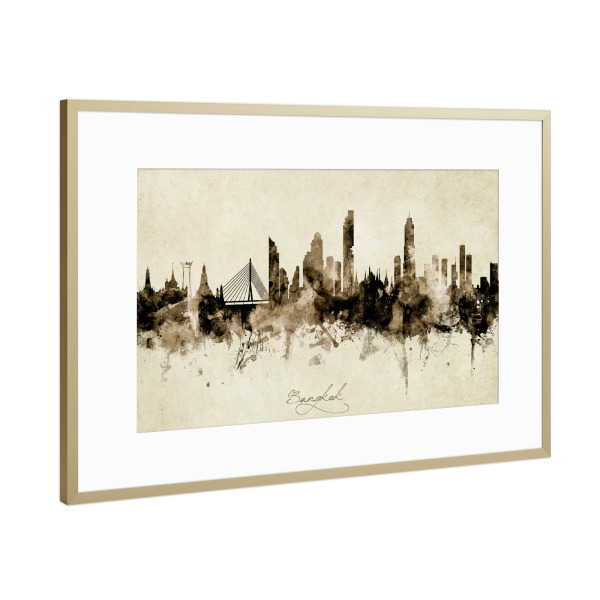 Poster mit Rahmen Gold "Bangkok Thailand Skyline Sepia" artboxONE - Städte - Bangkok,Thailand,Skyline,Cityscape,Stadtbild,Watercolor,Painting