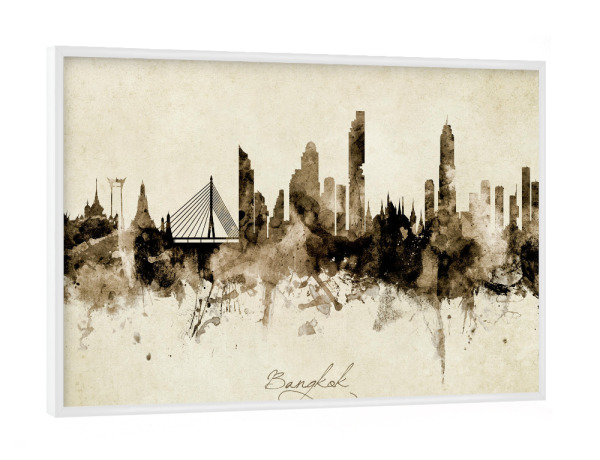 Poster mit weißem Rahmen "Bangkok Thailand Skyline Sepia" artboxONE - Städte - Bangkok,Thailand,Skyline,Cityscape,Stadtbild,Watercolor,Painting