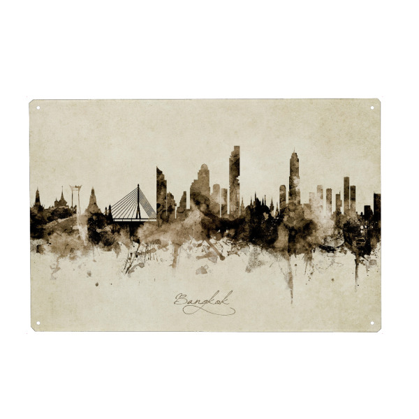 Holzbild "Bangkok Thailand Skyline Sepia" artboxONE - Städte - Bangkok,Thailand,Skyline,Cityscape,Stadtbild,Watercolor,Painting