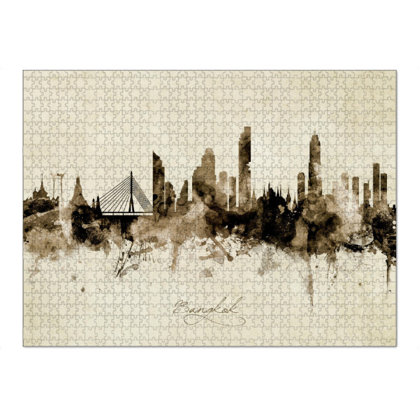 Puzzle Ravensburger "Bangkok Thailand Skyline Sepia" artboxONE - Städte - Bangkok,Thailand,Skyline,Cityscape,Stadtbild,Watercolor,Painting