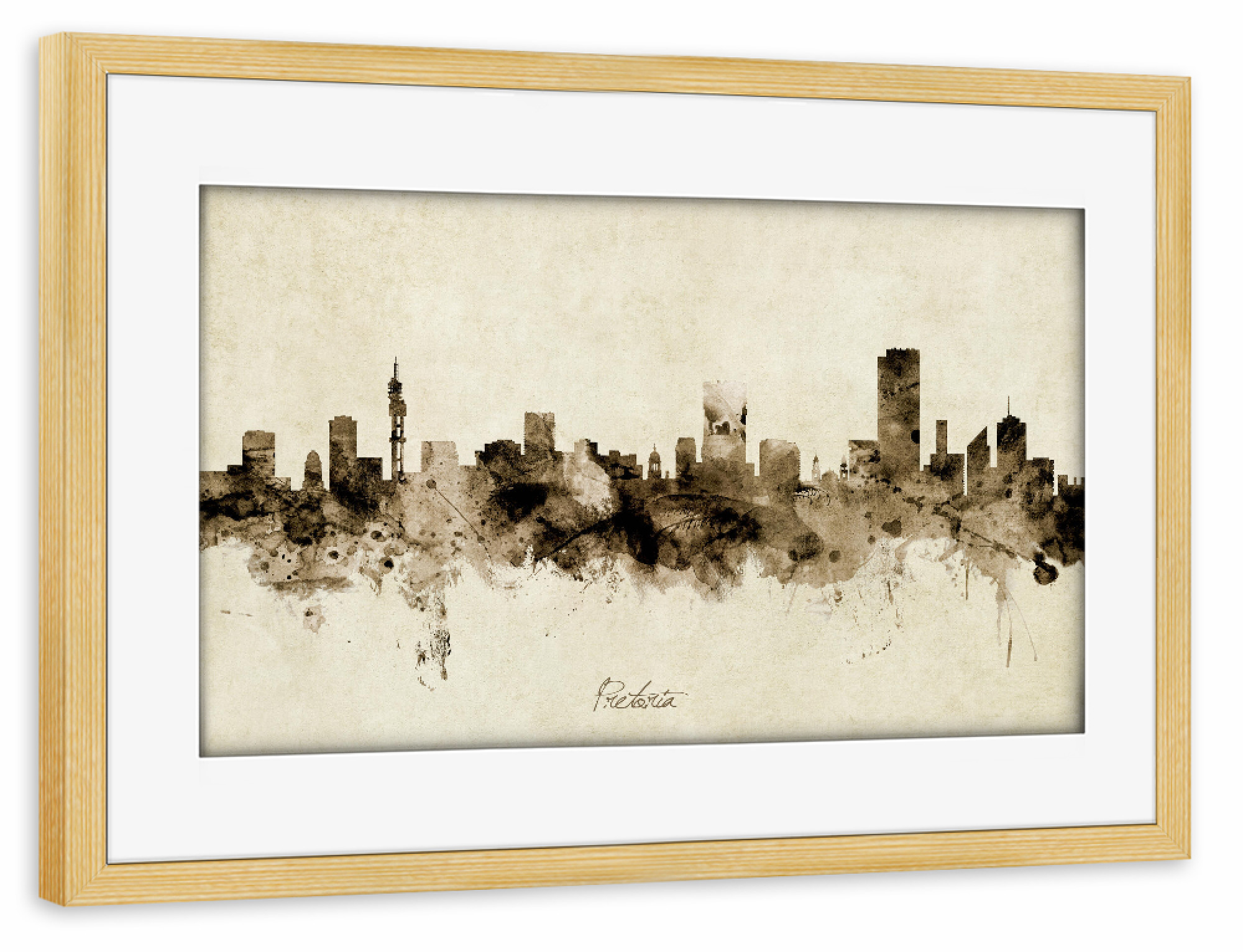 Poster mit Rahmen kiefer "Pretoria Skyline Sepia" artboxONE - Städte - Pretoria,South africa,Skyline,Cityscape,Stadtbild,Watercolor,Painting