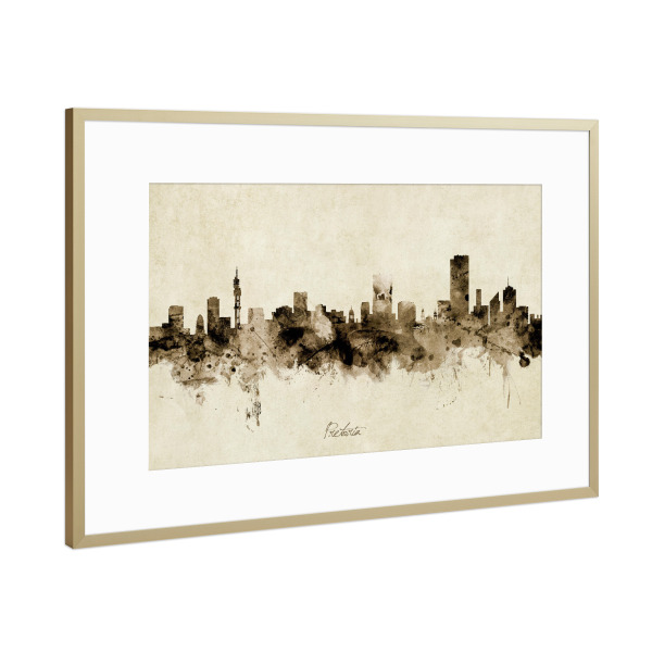 Poster mit Rahmen Gold "Pretoria Skyline Sepia" artboxONE - Städte - Pretoria,South africa,Skyline,Cityscape,Stadtbild,Watercolor,Painting