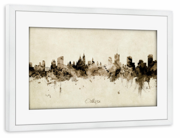 Poster mit Rahmen weiß "Ottawa Canada Skyline Sepia" artboxONE - Städte - Ottawa,Canada,Skyline,Cityscape,Stadtbild,Watercolor,Painting