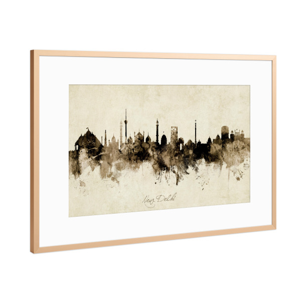 Poster mit Rahmen Kupfer "New Delhi India Skyline Sepia" artboxONE - Städte - New delhi,India,Skyline,Cityscape,Stadtbild,Watercolor,Painting
