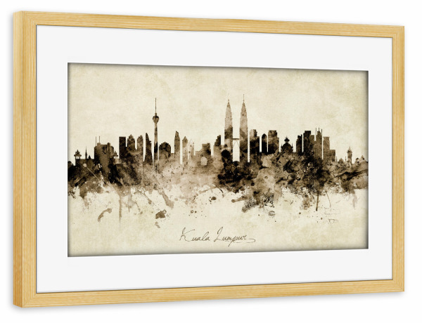 Poster mit Rahmen kiefer "Kuala Lumpur Skyline Sepia" artboxONE - Städte - Kuala lumpur,Malaysia,Skyline,Cityscape,Stadtbild,Watercolor,Painting