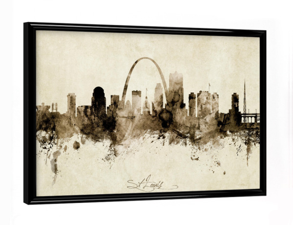 Poster mit schwarzem Rahmen "St Louis Missouri Skyline Sepia" artboxONE - Städte - St louis,Missouri,Skyline,Cityscape,Stadtbild,Watercolor,Painting