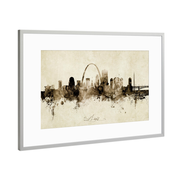 Poster mit Rahmen Silber "St Louis Missouri Skyline Sepia" artboxONE - Städte - St louis,Missouri,Skyline,Cityscape,Stadtbild,Watercolor,Painting