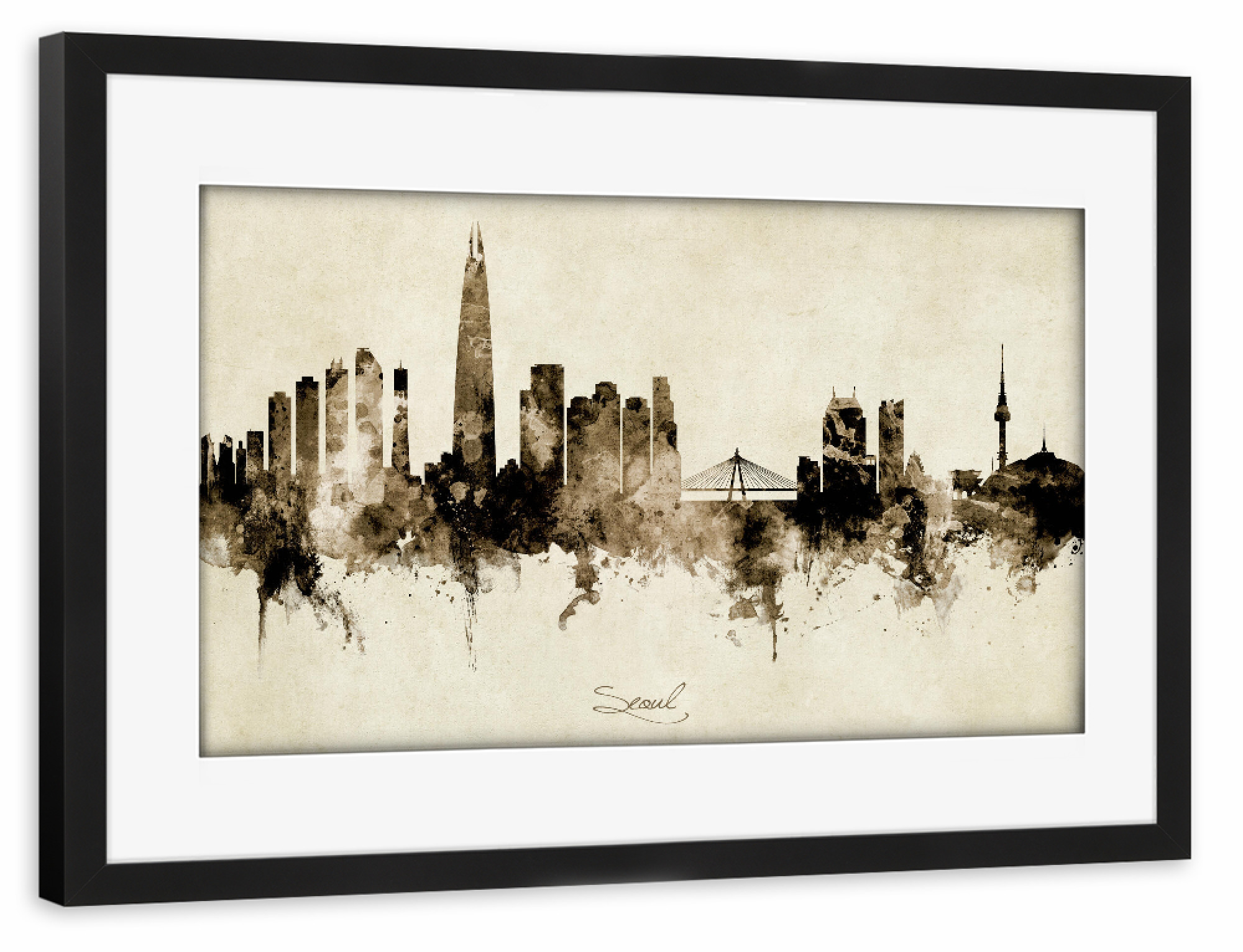Poster mit Rahmen schwarz "Seoul Skyline South Korea Sepia" artboxONE - Städte - Seoul,South korea,Skyline,Cityscape,Stadtbild,Watercolor,Painting
