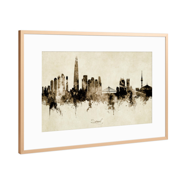 Poster mit Rahmen Kupfer "Seoul Skyline South Korea Sepia" artboxONE - Städte - Seoul,South korea,Skyline,Cityscape,Stadtbild,Watercolor,Painting