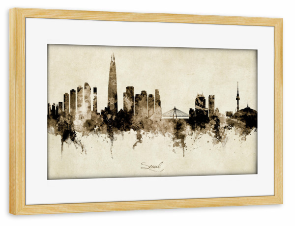 Poster mit Rahmen kiefer "Seoul Skyline South Korea Sepia" artboxONE - Städte - Seoul,South korea,Skyline,Cityscape,Stadtbild,Watercolor,Painting