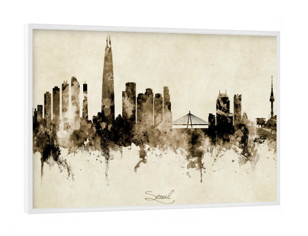 Poster mit weißem Rahmen "Seoul Skyline South Korea Sepia" artboxONE - Städte - Seoul,South korea,Skyline,Cityscape,Stadtbild,Watercolor,Painting