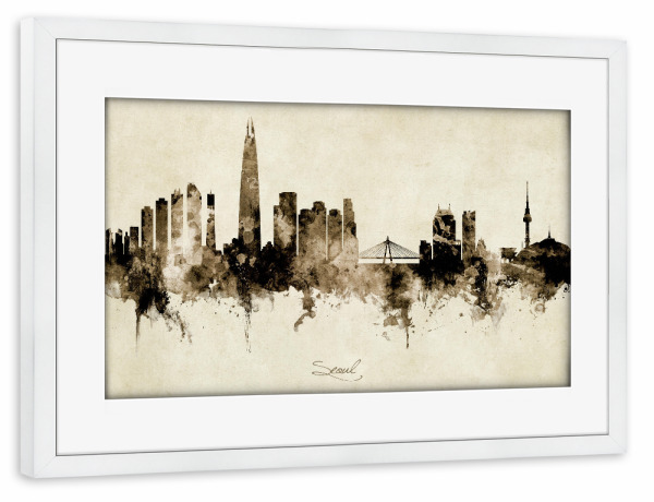 Poster mit Rahmen weiß "Seoul Skyline South Korea Sepia" artboxONE - Städte - Seoul,South korea,Skyline,Cityscape,Stadtbild,Watercolor,Painting